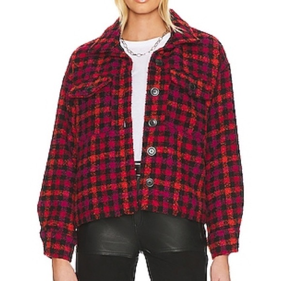 Sanctuary The Shacket Roller Plaid Jacket Button Red Pink Black Large Revolve - Picture 1 of 9